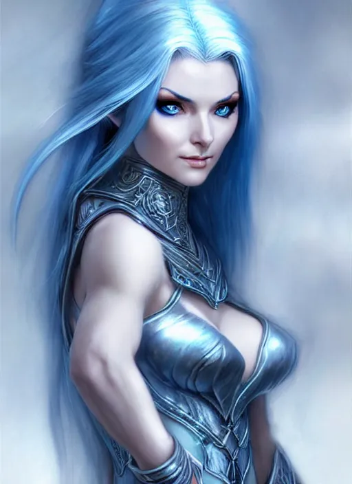 Prompt: d & d concept art of gorgeous elven woman with blue hair in the style of stefan kostic, realistic, half body shot, sharp focus, 8 k high definition, insanely detailed, intricate, elegant, art by stanley lau and artgerm, luis royo, foggy backgeound, fantasy