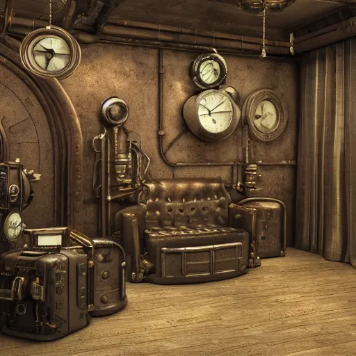 Image similar to steampunk room from year 2 4 5 5 octane render