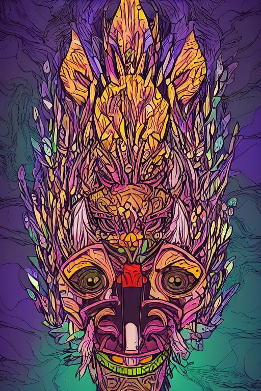 Image similar to animal mask totem roots flower tribal feather gemstone plant wood rock shaman vodoo video game vector cutout illustration vivid multicolor borderlands comics by josan gonzales and dan mumford radiating a glowing aura