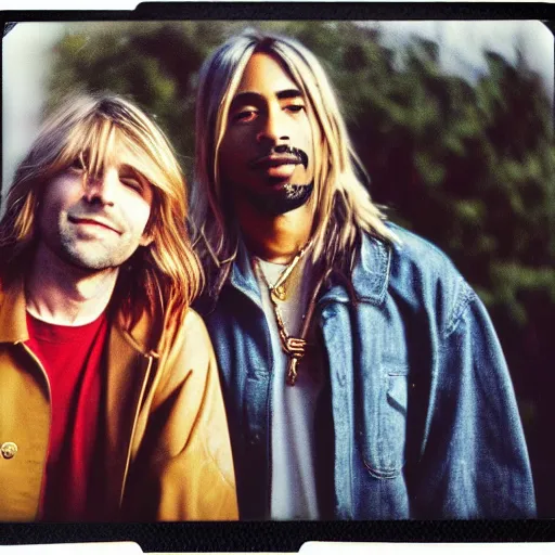 Image similar to Polaroid photograph of Kurt Cobain and Tupac Shakur, XF IQ4, 150MP, 50mm, F1.4, ISO 200, 1/160s, natural light, Adobe Lightroom, photolab, Affinity Photo, PhotoDirector 365,