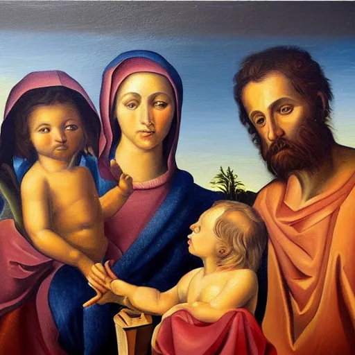 Prompt: a very detailed oil painting of the Holy Family, very detailed faces, by Andrea Vaccaro