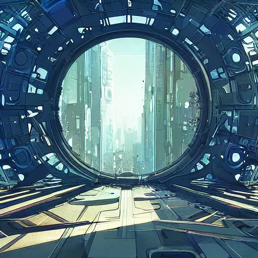 Image similar to overgrown futuristic cityscape located under a bridgeway, world seen only through a portal, daylight, cinematic perspective, cinematic lighting, blue sky, syd mead, john harris, symmetrical