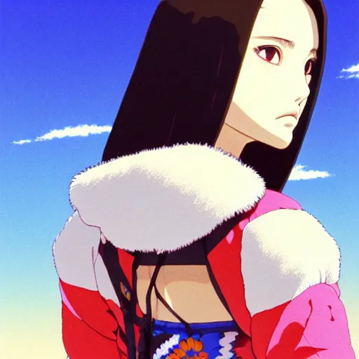 Image similar to a beautiful japanese natalie portman gravure model, wearing oversized native designer bomber jacket and leotard, bulky poofy bomber jacket with mesoamerican patterns, mesoamerican native street fashion, gapmoe yandere grimdark, trending on pixiv fanbox, painted by greg rutkowski makoto shinkai takashi takeuchi studio ghibli, akihiko yoshida