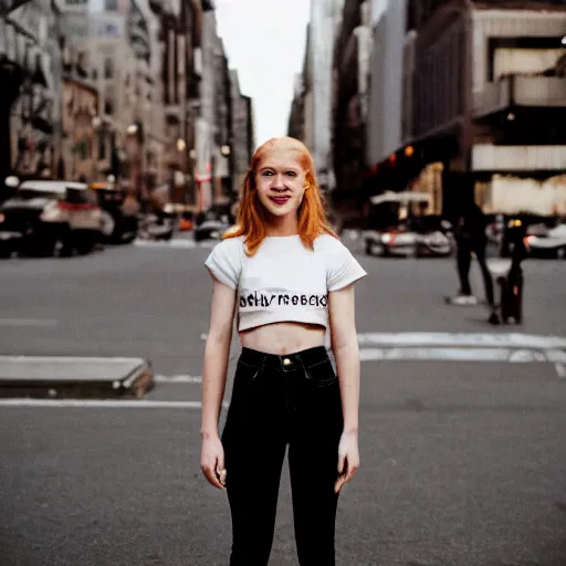 Image similar to Portrait photograph of a Strawberry-Blonde Girl, Young Beautiful Face, Green Eyes, Freckles, Wearing a white crop-top and jeans, with a subtle smile, Humans of New York Style, Leica Camera 50mm lens, street photography, grainy film photo