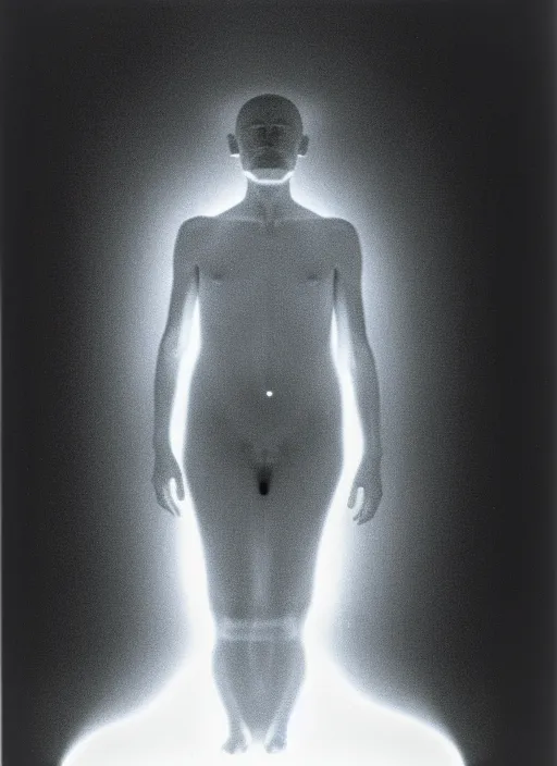 Prompt: realistic scientific documentary photo of a human aura fields three glowing particles, front view 1 9 9 0, life magazine reportage photo, metropolitan museum photo