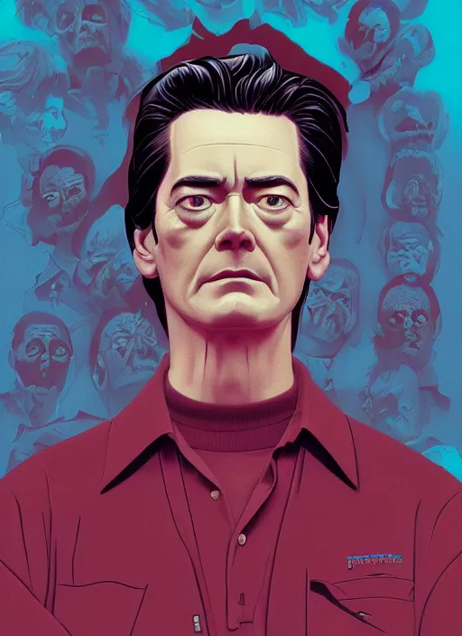 Image similar to Twin Peaks movie poster artwork by Michael Whelan and Tomer Hanuka, Rendering of Kyle MacLachlan resists the body horror, from a scene from Twin Peaks, clean, full of detail, Matte painting, trending on artstation and unreal engine