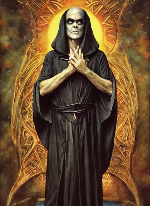 Image similar to george clooney as aleister crowley the grand mage of thelema. art by tom bagshaw and greg danton and manuel sanjulian