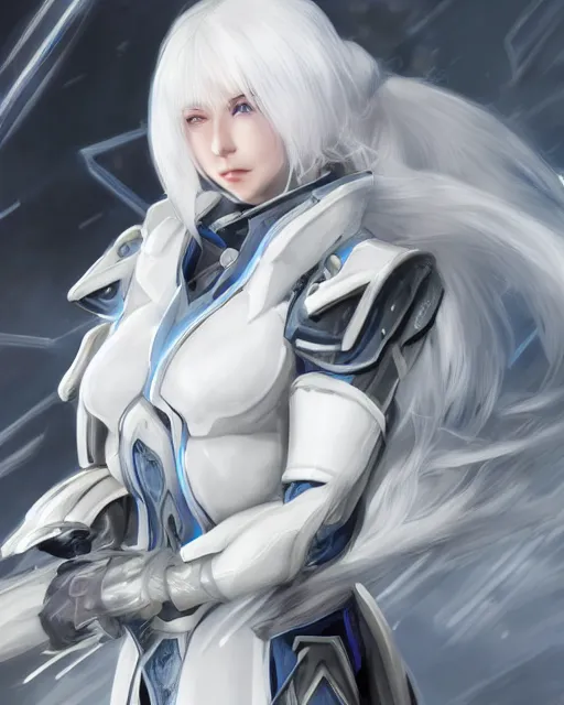 Image similar to perfect white haired girl, warframe armor, beautiful, dreamy, half asian, pretty face, blue eyes, detailed, windy weather, scifi platform, laboratory, experiment, 4 k, ultra realistic, epic lighting, cinematic, high detail, masterpiece, art by akihito tsukushi, akasuki voidstar