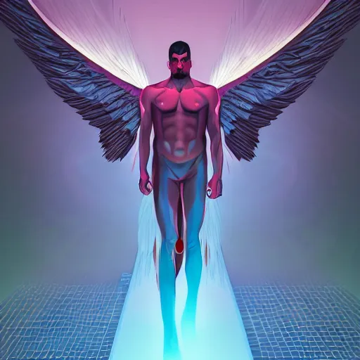 Image similar to symmetry!! concept art, art by dan mumford!!, full shot, of a male angel, smooth, glowing lights, digital painting, sharp focus, illustration
