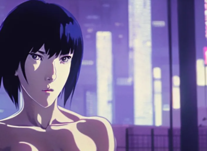 Image similar to a film still portrait of a motoko kusanagi ghost in the shell, finely detailed features, closeup at the faces, perfect art, at a cyberpunk city, gapmoe yandere grimdark, trending on pixiv fanbox, painted by greg rutkowski makoto shinkai takashi takeuchi studio ghibli, akihiko yoshida