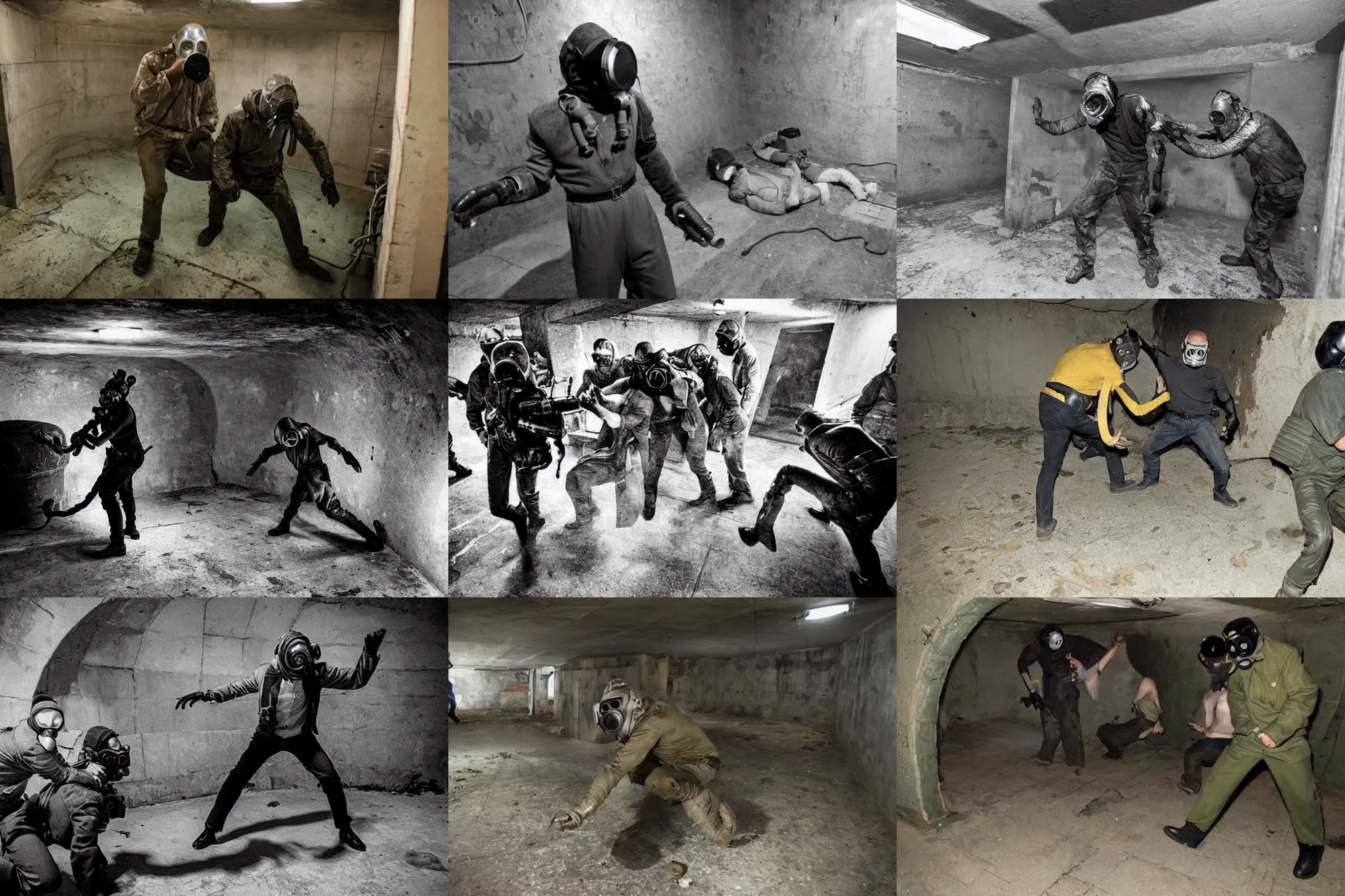 Image similar to madman in gasmask beats up mutants in soviet bunker