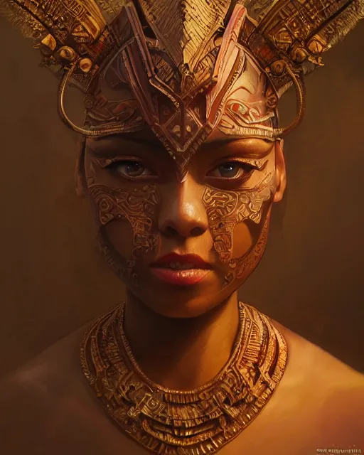 Prompt: ultra realistic stunning mayan warrior, fantasy, intricate, elegant, highly detailed, digital painting, artstation, concept art, smooth, sharp focus, symmetric, illustration, edge highlights, beautiful light and shadows, art by krenz cushart and greg rutkowski and sachin teng and sergey kolesov and ruan jia and heng z