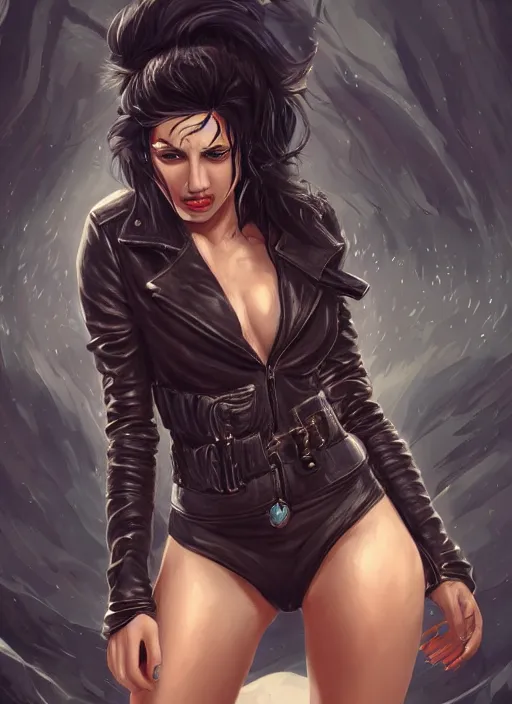 Prompt: a black haired woman in a leather jacket, muscular upper body, abs, d & d, fantasy, intricate, elegant, highly detailed, digital painting, artstation, concept art, smooth, sharp focus, illustration, art by cyril rolando