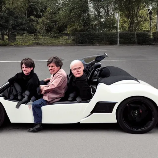 Prompt: bogdanoff brothers riding the batmobil