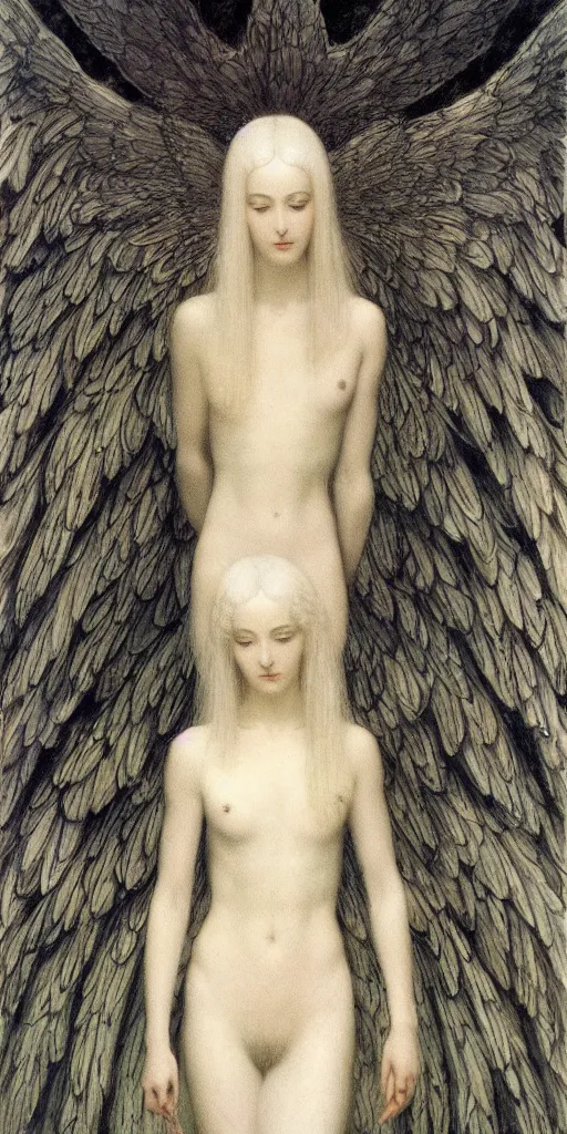 Image similar to Say who is this with silver hair so pale and Wan and thin? Majestic feminine gothic angel in the style of Jean Delville, Lucien Lévy-Dhurmer, Fernand Keller, Fernand Khnopff, oil on canvas, 1896, 4K resolution, aesthetic, mystery
