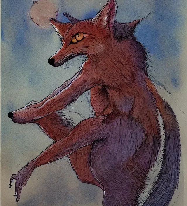 Image similar to a 3 / 4 view watercolor ink painting of an anthromorphic fox as a witch in the style of jean giraud in the style of moebius trending on artstation deviantart pinterest detailed realistic hd 8 k high resolution