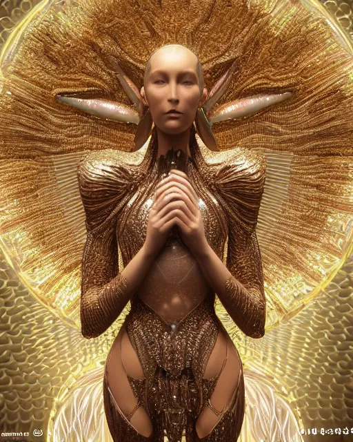 Image similar to a highly detailed metahuman 4 k close up render of an alien goddess bella hadid monument in iris van herpen armor schiaparelli in diamonds crystals swarovski and jewelry iridescent in style of alphonse mucha gustav klimt trending on artstation made in unreal engine 4