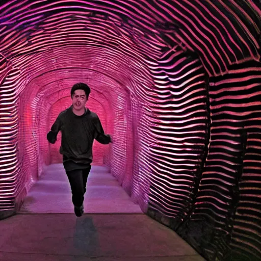 Image similar to terrified young man in a straightjacket running toward you in the Bund Sightseeing Tunnel, Shanghai, China by Alex Grey and Jeffrey Smith