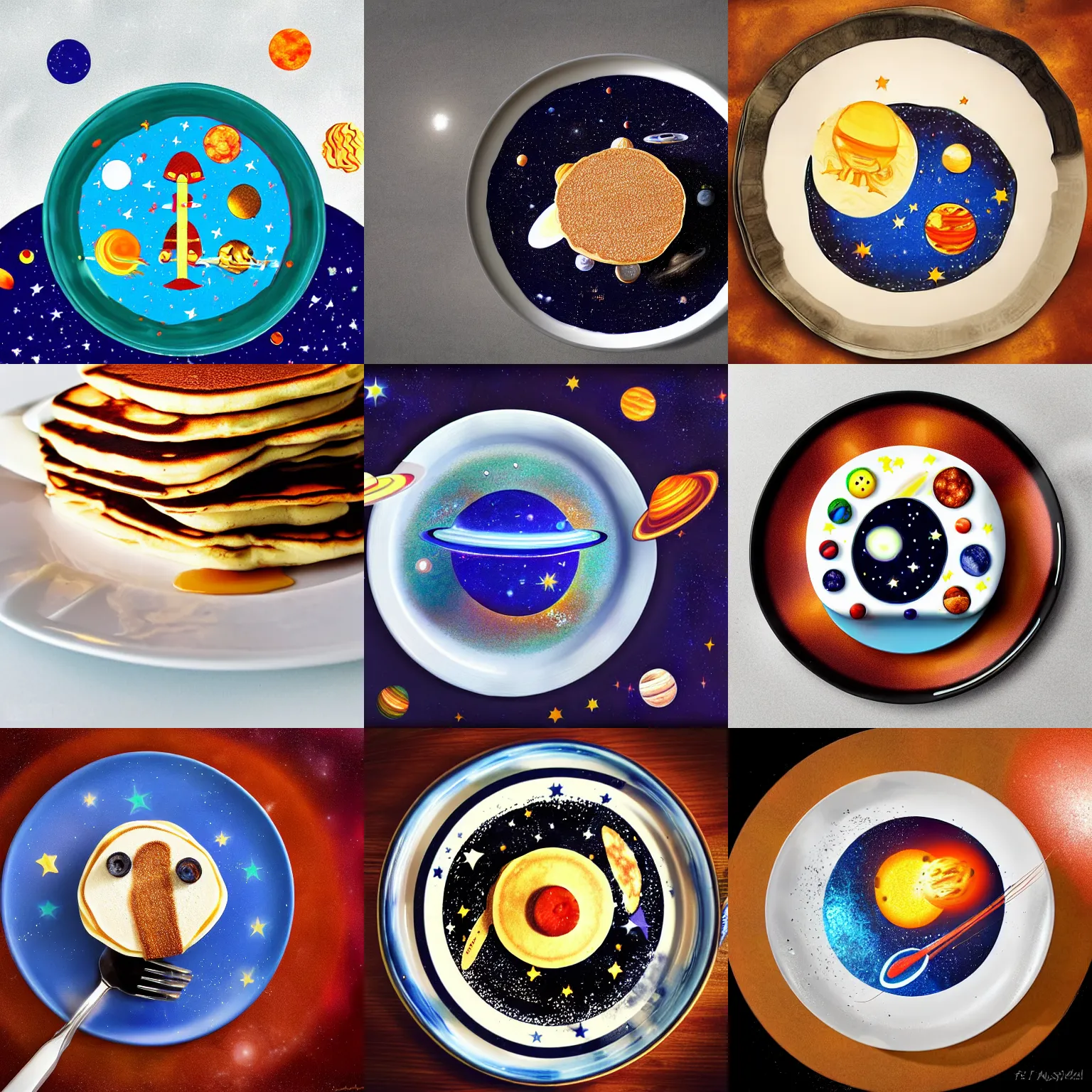 Prompt: Space themed pancake stack on a plate, seen from the side, f3.2, 50mm, digital art