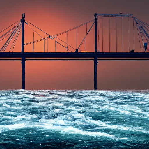 Prompt: cinematic movie still of a container ship in the water under the francis scott key bridge choppy weather with glossy water. there is a feeling of powerful energy in the water. ultrarealistic, cgsociety, 3 d octane render, 8 k, 4 k, ue 5, imax 7 0 mm.