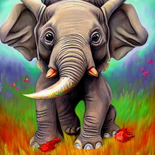 Prompt: hybrid creature mix of baby elephant and triceratops cute colorful detailed oil painting 4k