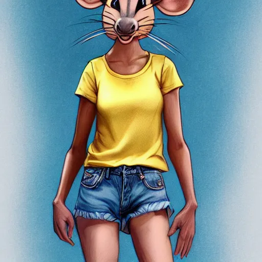 Prompt: anthropomorphic mouse wearing denim short shorts and yellow tank top, highly detailed, artgerm style, artstation, soft light, sharp focus, illustration, character design, concept art