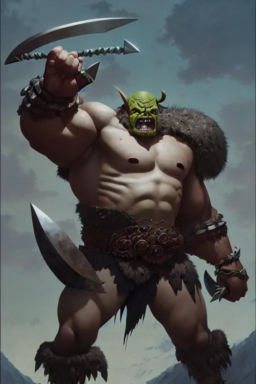 Image similar to orc barbarian wearing leather armor, full body shot, exquisite details, earth magic, mid view, design on a white background, by studio muti, greg rutkowski, makoto shinkai, takashi takeuchi, studio ghibli