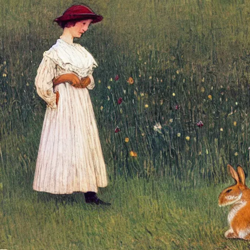 Prompt: a young edwardian woman playing chess against a rabbit in a field of grass, in the style of Carl Larsson