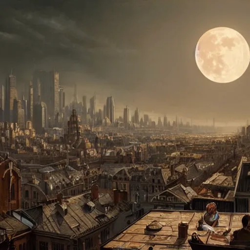 Image similar to an intricate, detailed matte painting of a rooftop in the city that has many aerials and structures on top with a huge, realistic moon in the background, dramatic lighting, 4k, trending on artstation, by Greg Rutkowski