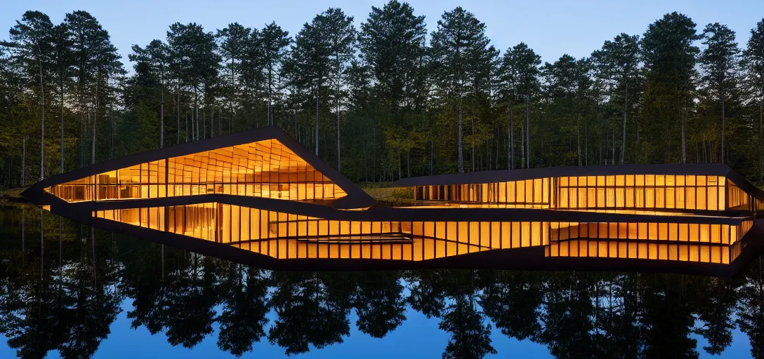 Image similar to faceted roof planes lift and descend creating shade and architectural expression, highly detailed, situated in the forest, next to a highly reflective lake, at dusk, vivid color