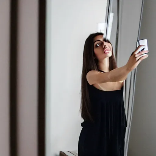 Image similar to a woman is taking a selfie in a mirror, a picture by bouchta el hayani, pexels contest winner, tachisme, hd, shiny eyes, dark