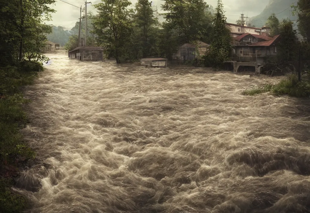 Prompt: kodak portra 4 0 0 photographic and realistic, monte soratte, detailed, octane render, unreal engine, 4 k, artstation, hyper realistic, wide angle, floor flooded, how a river, objects that float, 3 5 mm, sharp focus, soft light, volumetric light, in the style of gregory crewdson