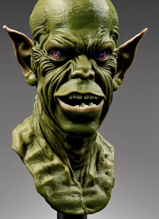 Image similar to a bust sculpture of anatomical detailed goblin, nicolas maduro, green blood, become human, ceramic base, orthographic, studio lighting
