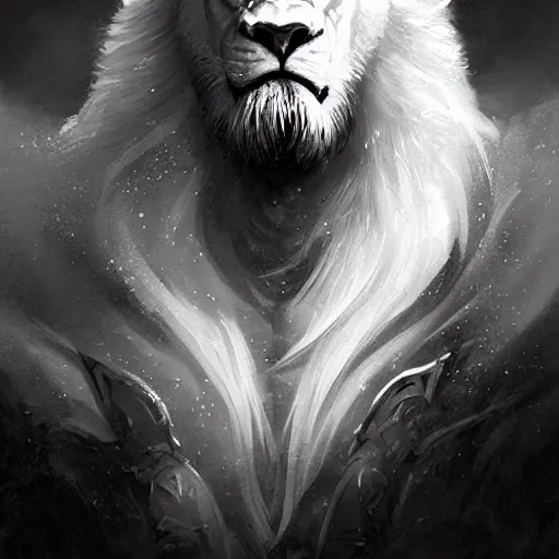 Prompt: anthropomorphic male muscular albino white lion, wearing beautiful vikings armor, darkness aura red light, fantasy, dark, black and white high contrast portrait, character design by charlie bowater, ross tran, artgerm, and makoto shinkai, detailed, inked, western comic book art, 2 0 2 1 award winning film poster paintingy