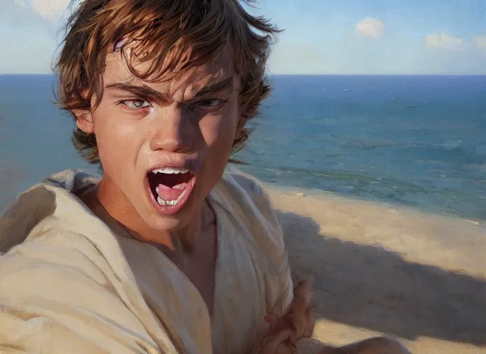 Image similar to a highly detailed beautiful portrait of 2 0 years old anakin skywalker hissing at sand, by gregory manchess, james gurney, james jean