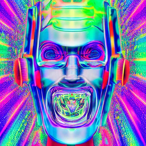 Image similar to tshirt with a hyperdetailed portrait of a futuristic trippy smiling robot head, 8 k, symetrical, flourescent colors, halluzinogenic, multicolored tshirt art,
