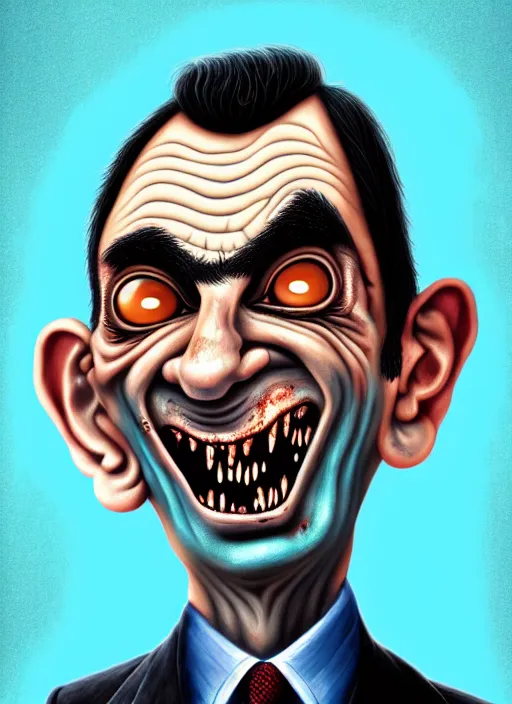 Image similar to highly detailed caricature portrait of damaged zombie mr bean by ross tran, by anato finnstark, brush strokes, 4 k resolution, light blue pastel background