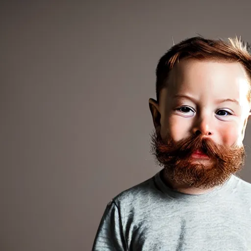 Image similar to toddler elon musk with long mustache and epic beard, 5 0 mm, studio lighting