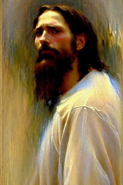 Prompt: impressionist brushstrokes!!!!!!!!! solomon joseph solomon and richard schmid and jeremy lipking victorian loose genre loose painting full length portrait painting of jesus with a slight smile