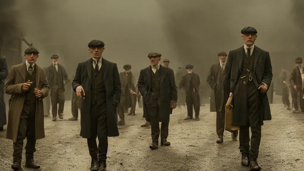 Image similar to the peaky blinders with peanuts heads, film still from the movie directed by denis villeneuve with art direction by zdzis