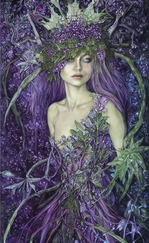 Prompt: fey queen of the summer forest, dress of leaves, fine features, thin, young, clothed, silver shimmering hair, by brian froud, stars, night colors, night, darkness, purple blue black, oil on canvas, oil panting