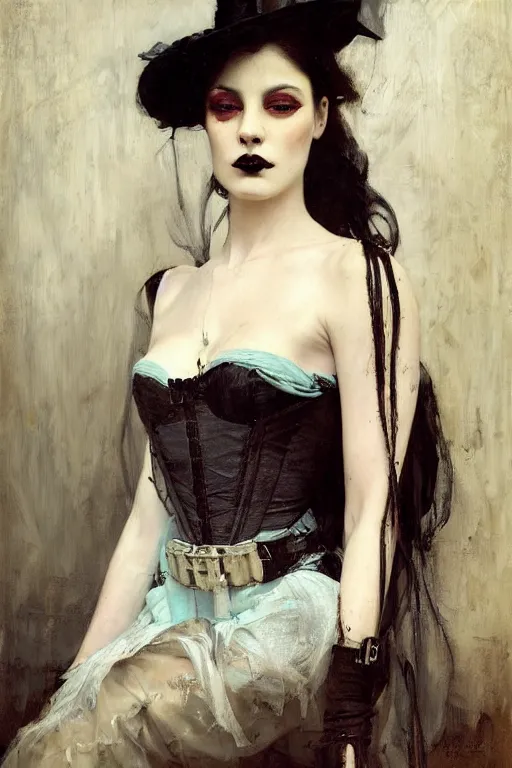 Image similar to Richard Schmid and Jeremy Lipking and Roberto Ferri full length portrait painting of a young beautiful victorian steampunk goth woman