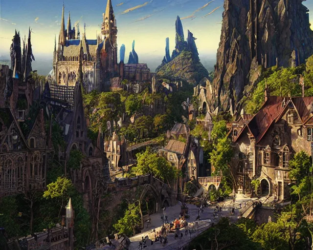 Prompt: gothic architecture busy city on a cliff by the city side, lossy graphics, raster playstation render graphics, high quality game screenshot, scenery art dense foliage art by kim jung giu and weta studio, and lucasfilm and jesper ejsing and norman rockwell partly inspired by greg rutkowski hd