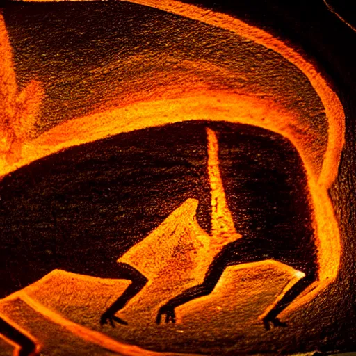 Image similar to paleolithic cave painting, illuminated by fire