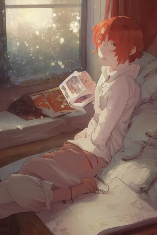 Image similar to a teenage girl with white short hair in a jk uniform outfit in the bedroom reading a book in a night, raining outside the window, orange theme, by krenz cushart and mucha and akihito yoshida and greg rutkowski and makoto shinkai, detailed eyes, 4 k resolution