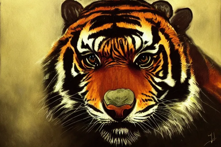 Prompt: A dark, brooding painting of a snarling tiger in the style of Salvador Dali, high-quality, professional, dramatic lighting, extremely high detail, trending on artstation