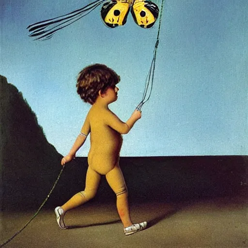 Prompt: a boy taking his enlarged butterfly for a walk on a string, a surrealist painting by remedies varo