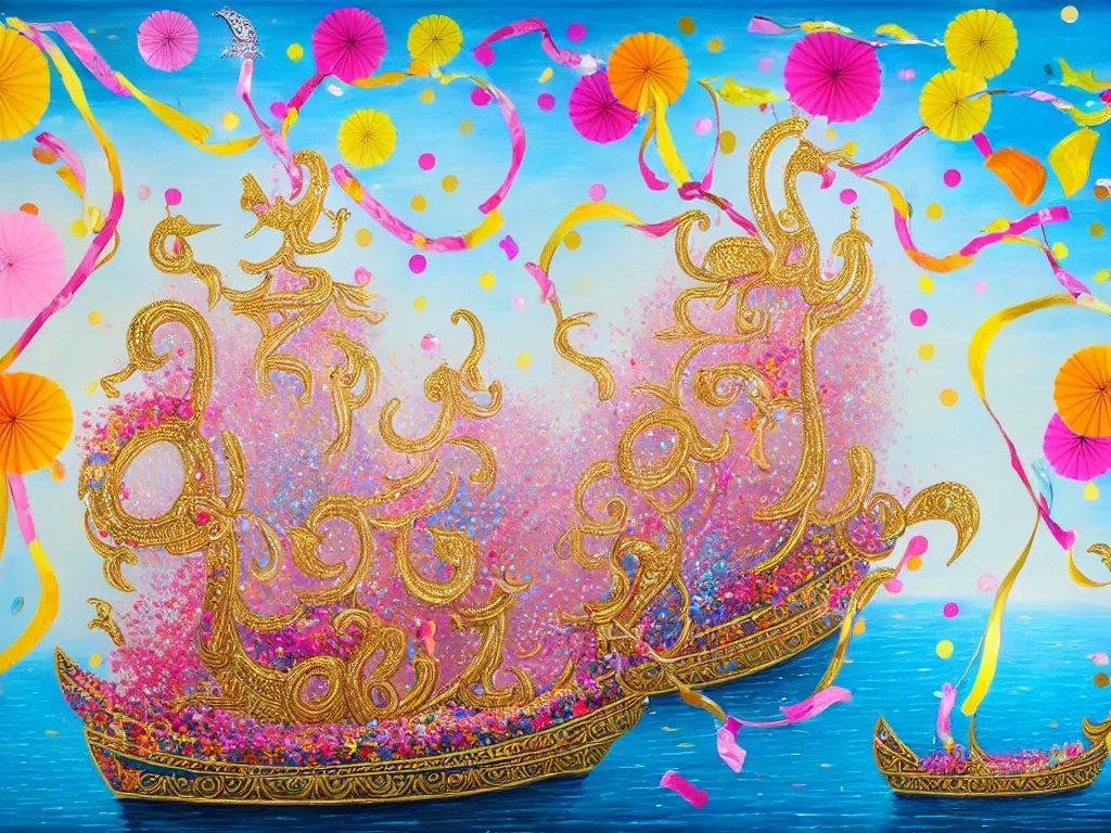 Image similar to a highly detailed painting of a fantasy ornate embellished swan boat cruise ship covered in flowers, streamers, confetti, pin wheels, kites.