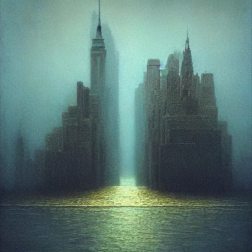 Image similar to “New York under water Zdzislaw Beksiński, photography, 8k resolution, highly detailed, HDR, golden hour”