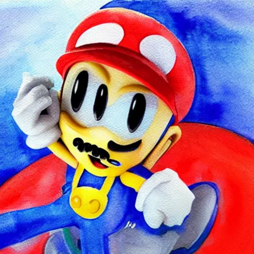 Image similar to Sonic in the style of Mario, with a mustache, beautiful watercolor art drawing, in the style of artist Simon Stalenhag s-90 - C 7